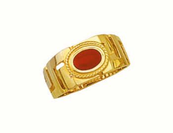 Gold Greek key band ring with red stone